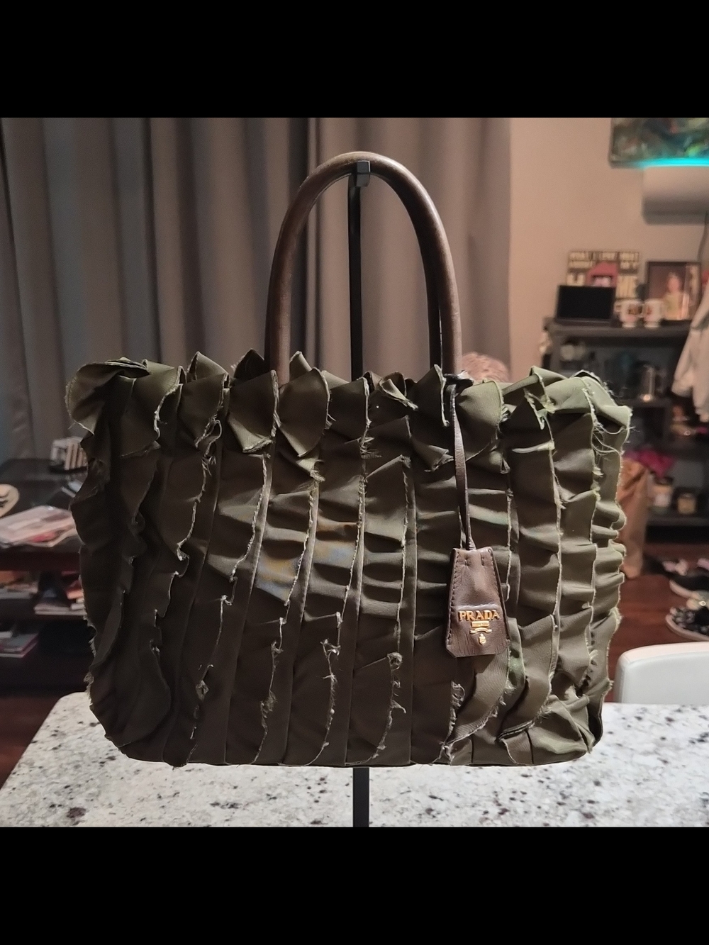 Authentic Prada Tessuto Nylon Ruffle Tote Bag Olive Khaki Green BN1728 Rare